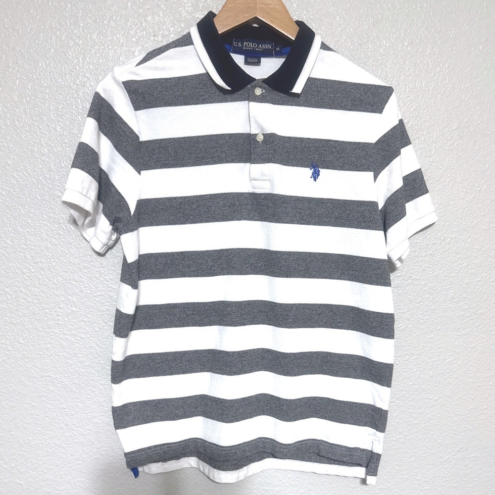 US Polo Assn Striped Polo Button Shirt Mens Medium White Grey Pony Logo Prppy